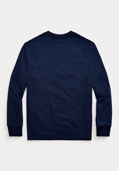 Navy blue long-sleeve crew neck shirt, shown from the back, with ribbed cuffs and plain fabric.