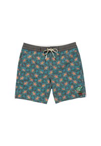 Pantaloncini da nuoto in una fantasia a stelle turchese e grigia con stelle arancioni, dotati di un elastico in vita e un piccolo patch logo sul fondo.