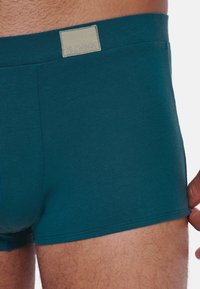 Donker teal boxershorts van stretchkatoen met een zachte tailleband met een beige logo labels. Glad textuur en aansluitend ontwerp.