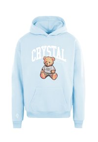 Felpa leggera blu con tasca frontale. Presenta una grafica di un orso che indossa una maglietta "Crystal Paris", con testo bianco in grassetto sopra.