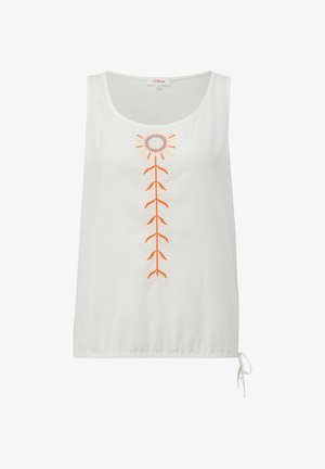 Weißes ärmelloses Oberteil mit rundem Ausschnitt, das orangefarbene und blaue Blumenstickerei entlang der Mitte und ein Bindeband am Saum aufweist.