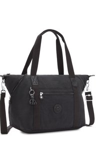 Sort stof tas med dobbelte håndtag, justerbar rem, udvendig lynlåslomme, gummicharm og rundt logo patch på fronten.