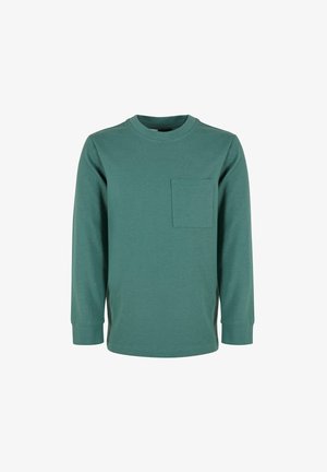 Zielona koszula z długim rękawem wykonana z bawełny, z okrągłym dekoltem i kieszenią na piersi. Materiał jest gładki, w jednolitym kolorze, bez wzorów i ozdób.