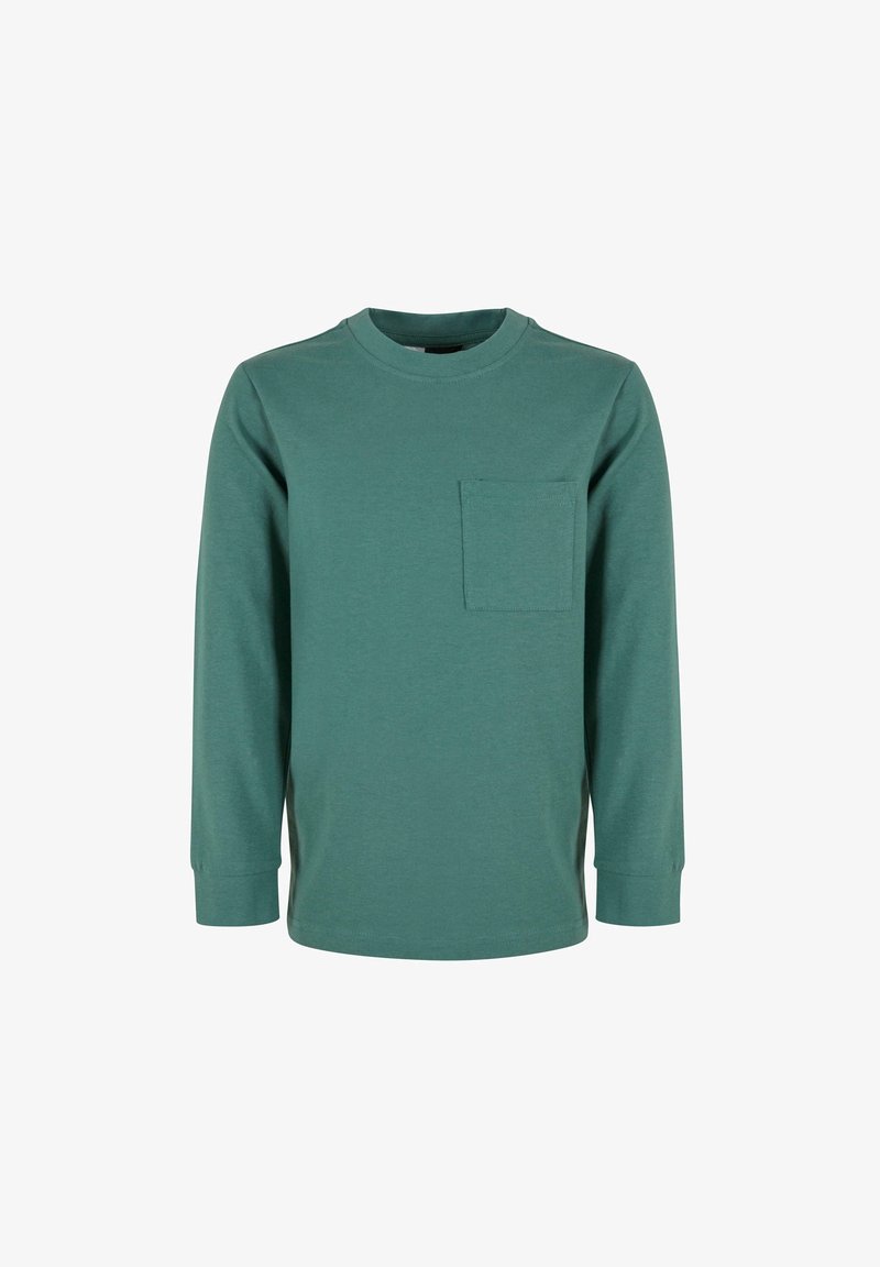 Lange mouwen groene katoenen shirt met een ronde hals en een borstzak. Het materiaal is glad, met een effen kleur en zonder patronen of versieringen.