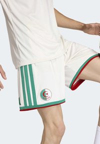 Bijela atletska majica s zelenim detaljima, s tri pruge na rukavima i kratkim hlačama. Logo s detaljem alžirske zastave na hlačama.