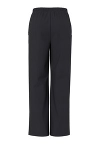 Pantalones negros de pierna recta con cintura elástica, mostrados planos sobre un fondo blanco, sin bolsillos visibles ni adornos.