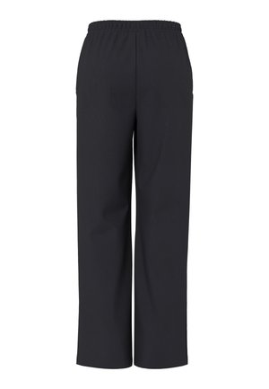 Sorte bukser med rette ben og elastisk linning, vist flatt mot en hvit bakgrunn, uten synlige lommer eller pynt.