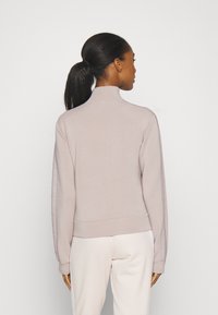 Light pink sweatshirt with high collar, ribbed cuffs, and waistband. Smooth fabric with detailed stitching along sleeves. Minimalist design.
