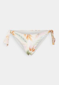 Fundo de bikini com um padrão de folhas tropicais em cores pastel sobre um fundo branco. Com cordões de ambos os lados, feito de um tecido suave.