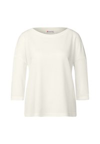 Top bianco a maniche lunghe con scollatura ampia, realizzato in tessuto morbido, con maniche a vestibilità ampia e orlo dritto. Nessun motivo o grafica visibili.