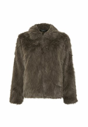 Tummanruskea tekoturkis takki, jossa on pitkät hihat ja leveä kaulus, esitellään valkoista taustaa vasten.