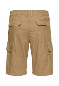 Khaki szorty cargo wykonane z teksturowanej tkaniny, z dwiema tylnymi kieszeniami i dwiema bocznymi kieszeniami cargo do przechowywania.