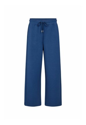 Blue lounge pants made of soft fabric, featuring a wide leg design, elastic waistband with drawstring, and accent stitching along the sides.