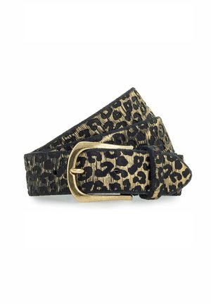 Ceinture en imprimé léopard noir et or, fabriquée en tissu à motif, avec une boucle en métal doré, présentant une finition texturée et une pointe effilée.