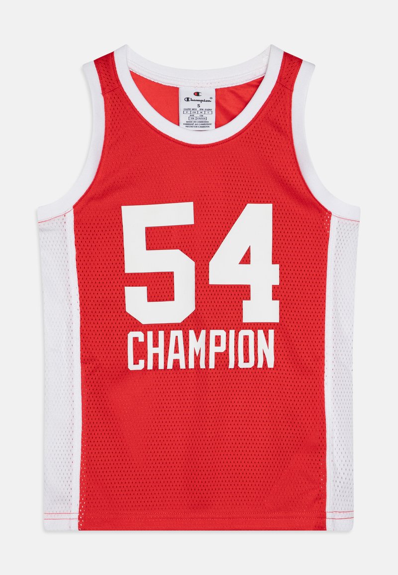 Rdeča mrežasta atletska majica brez rokavov z belimi detajli, ki ima na sprednji strani velik bel številko "54" in napis "CHAMPION".