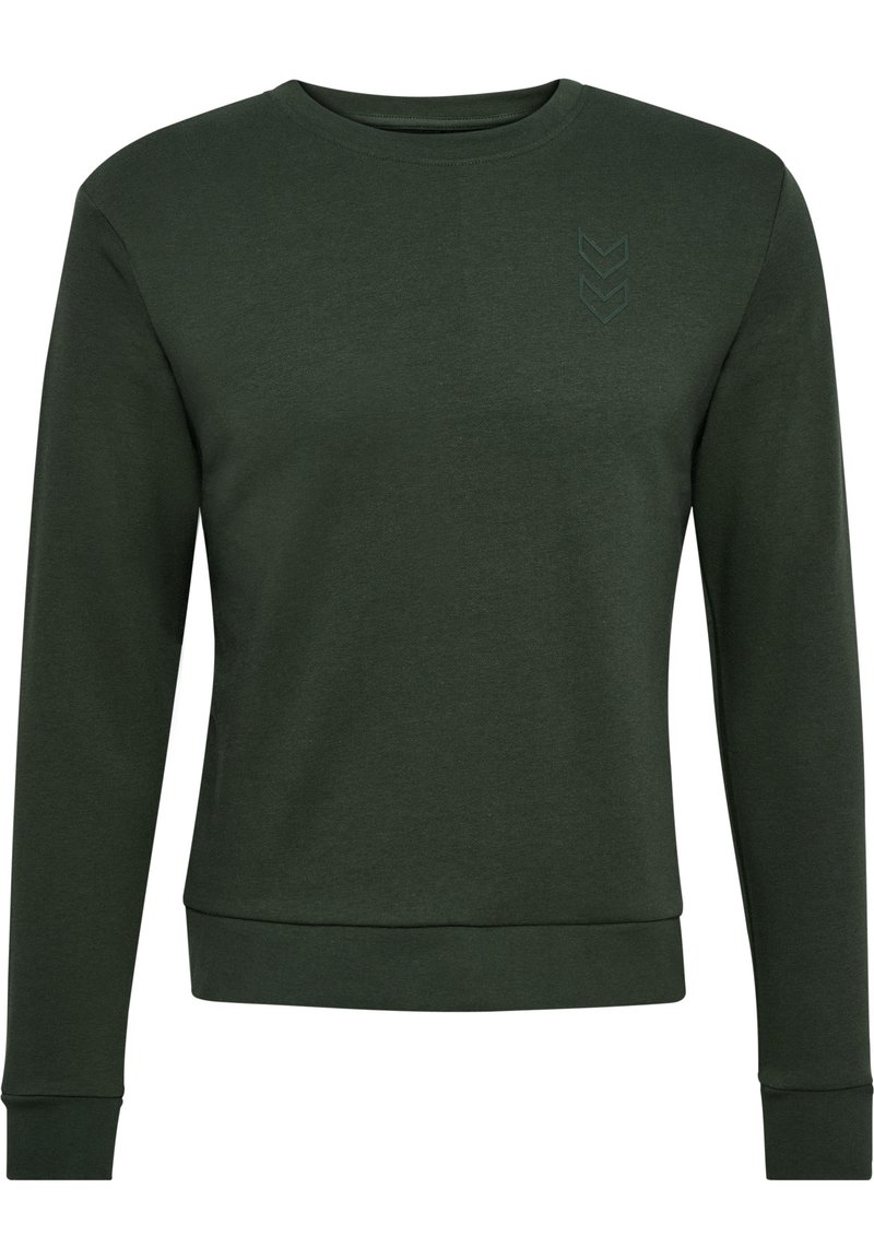 Donkergroene sweatshirt met een ronde halslijn en lange mouwen. Heeft een subtiel chevronpatroon op de borst. Gemaakt van gestructureerde katoenen stof.