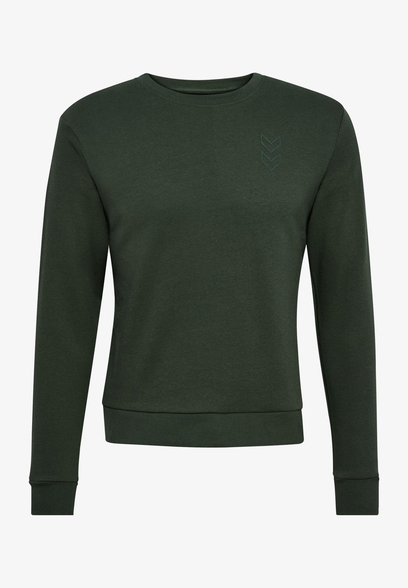 Ciemnozielona bluza z okrągłym dekoltem i długimi rękawami. Zdobi ją subtelny wzór w zygzak na klatce piersiowej. Wykonana z teksturowanej bawełny.