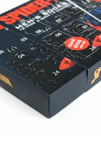 Black box set for Spider-Man men's socks, featuring a graphic design with white and red accents, and numbered compartments 01-24. One size 40-45.