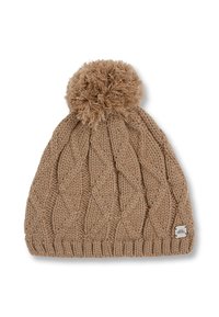 Knit beanie in light brown with a textured cable pattern, finished with a fluffy pom-pom on top. Includes a small brand tag on the ribbed band.