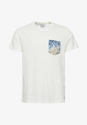 Valkoinen lyhythihainen t-paita, joka on valmistettu puuvillasta. T-paidassa on vasemmassa rintataskussa sinivalkoisella palmulehtikuvioilla varustettu tasku.