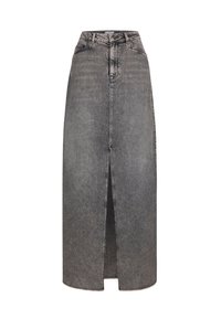 Grijze denim maxi rok met een split aan de voorkant, hoge taille en riemlusjes; heeft een klassieke vijf-pocket ontwerp en subtiele vervaging details.