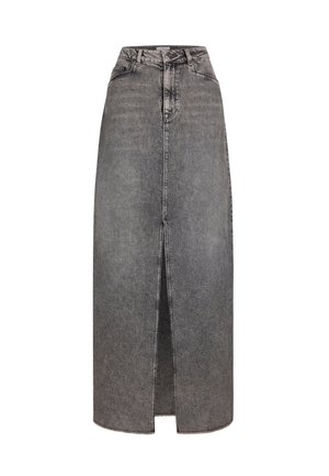 Grijze denim maxi rok met een split aan de voorkant, hoge taille en riemlusjes; heeft een klassieke vijf-pocket ontwerp en subtiele vervaging details.