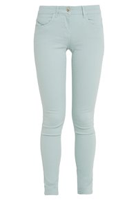 Lichtblauwe skinny jeans van denim met een gladde textuur, vijf zakken en een enkele metalen knoopsluiting. Perfecte pasvorm met taps toelopende broekspijpen.