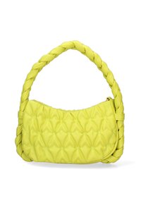 Borsa a tracolla gialla trapuntata con manico intrecciato. Presenta una consistenza morbida e liscia e un motivo di cucitura a forma di diamante. Accentuata da una piccola cerniera.