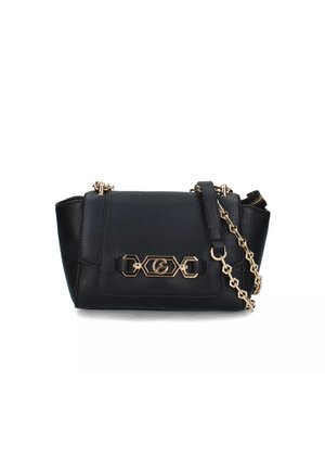 Borsa a mano in pelle nera con tracolla in catena dorata, dettaglio hardware geometrico sulla parte anteriore e design strutturato con chiusura a zip.