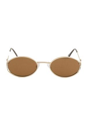 Lunettes de soleil à verres ovales teintés brun avec une fine monture en métal doré, équipées d'embouts tempes noirs et de plaquettes de nez pour plus de confort.