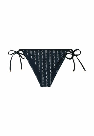 Granatowe majtki bikini w wzór łańcucha, z wiązaniami po bokach, wykonane z gładkiego materiału, zaprojektowane z myślą o komforcie i elastyczności.