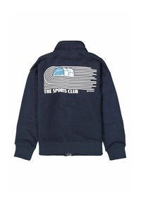 Marineblauwe sweatshirt met hoge kraag, ritssluiting en grafische print op de achterkant met rollende sportballen. Zachte katoenmix-stof.