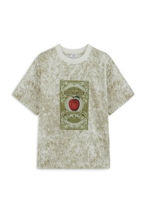Cream and olive green short-sleeve t-shirt with a textured finish. Features a graphic print of a red apple in a decorative frame.