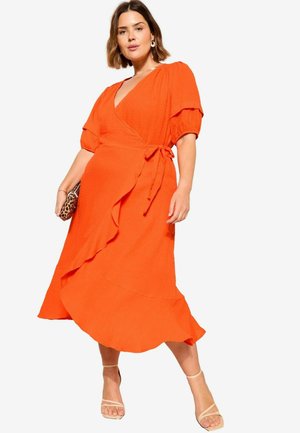 DOBBY PUFF SLEEVES MIDI - REGULAR FIT - Päevakleit - orange