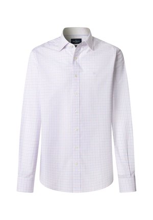 Chemise habillée blanche à manches longues avec un motif à carreaux bleu clair et rose, devant à boutons et col classique.