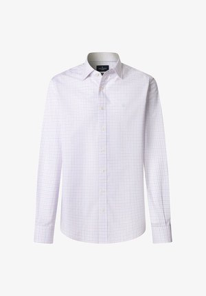 Weißes langärmeliges Hemd mit hellblauem und rosa Karomuster, durchgehender Knopfleiste und klassischem Kragen.