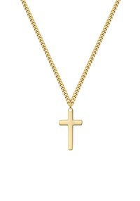 Guld kædehalskæde med et simpelt kors vedhæng. Kæden har sammenlåste led, og korset er glat og poleret.