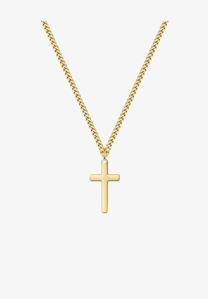 Goldene Halskette mit einem schlichten Kreuzanhänger. Die Kette besteht aus ineinandergreifenden Gliedern, und das Kreuz ist glatt und poliert.
