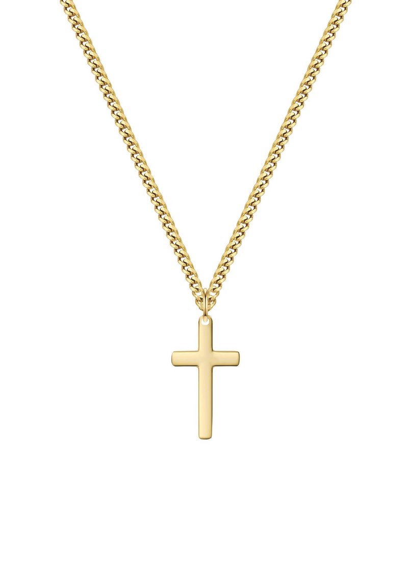 Guld kædehalskæde med et simpelt kors vedhæng. Kæden har sammenlåste led, og korset er glat og poleret.