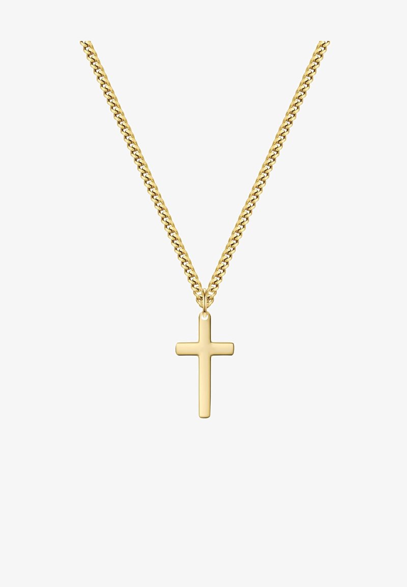 Guld kædehalskæde med et simpelt kors vedhæng. Kæden har sammenlåste led, og korset er glat og poleret.