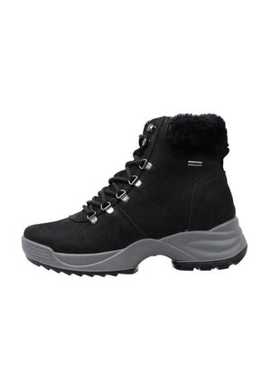 Schwarze Knöchelstiefel mit Obermaterial aus Wildleder, grauer Gummisohle und Kunstfellkragen; ausgestattet mit Metallösen und dicken Schnürsenkeln für einen sicheren Sitz.