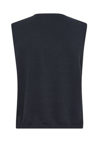 Ärm-lös, mörk navy-marintröja tillverkad av mjukt stickat tyg. Har en rundad halsringning och ribbad fåll, med en slät yta och minimal design.