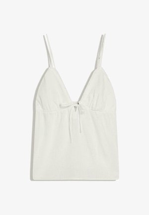 Witte mouwloze top met dunne dubbele bandjes, een diepe V-hals en een klein strikdetail aan de voorkant onder de buste.