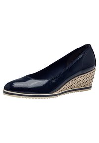 Mornarska lakirana wedges cipela s pletenim jute akcentom, oštrim nosom i gumenenim đonom. Ima visinu potpetice od 10 cm i glatku teksturu.