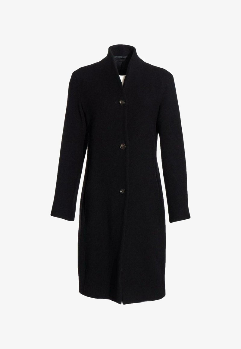 Manteau long en laine noire avec trois boutons sur le devant et un col montant, conçu pour une coupe élégante et ajustée.