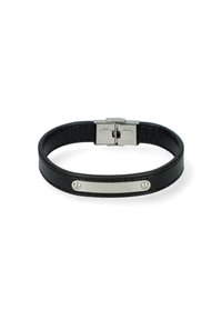 Czarna skórzana bransoletka z gładką srebrną metalową płytką i dwoma ozdobnymi metalowymi nity. Posiada zapięcie, które zapewnia bezpieczne noszenie.