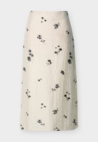 Μίντι φούστα σε κρεμ απόχρωση με μαύρο λουλουδένιο σχέδιο και λεπτό υφή υφάσματος, κανονική γραμμή, χωρίς ορατά κλείστρα ή τσέπες.