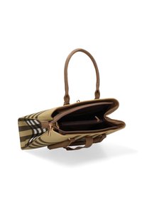 Borsa a tracolla con apertura superiore, caratterizzata da una combinazione di colori marrone e beige, motivo a strisce, doppi manici e molteplici scomparti interni.