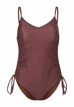 Costume intero marrone con spalline sottili regolabili e arricciature laterali legate con piccoli fiocchi.