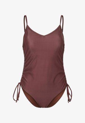 Costume intero marrone con spalline sottili regolabili e arricciature laterali legate con piccoli fiocchi.